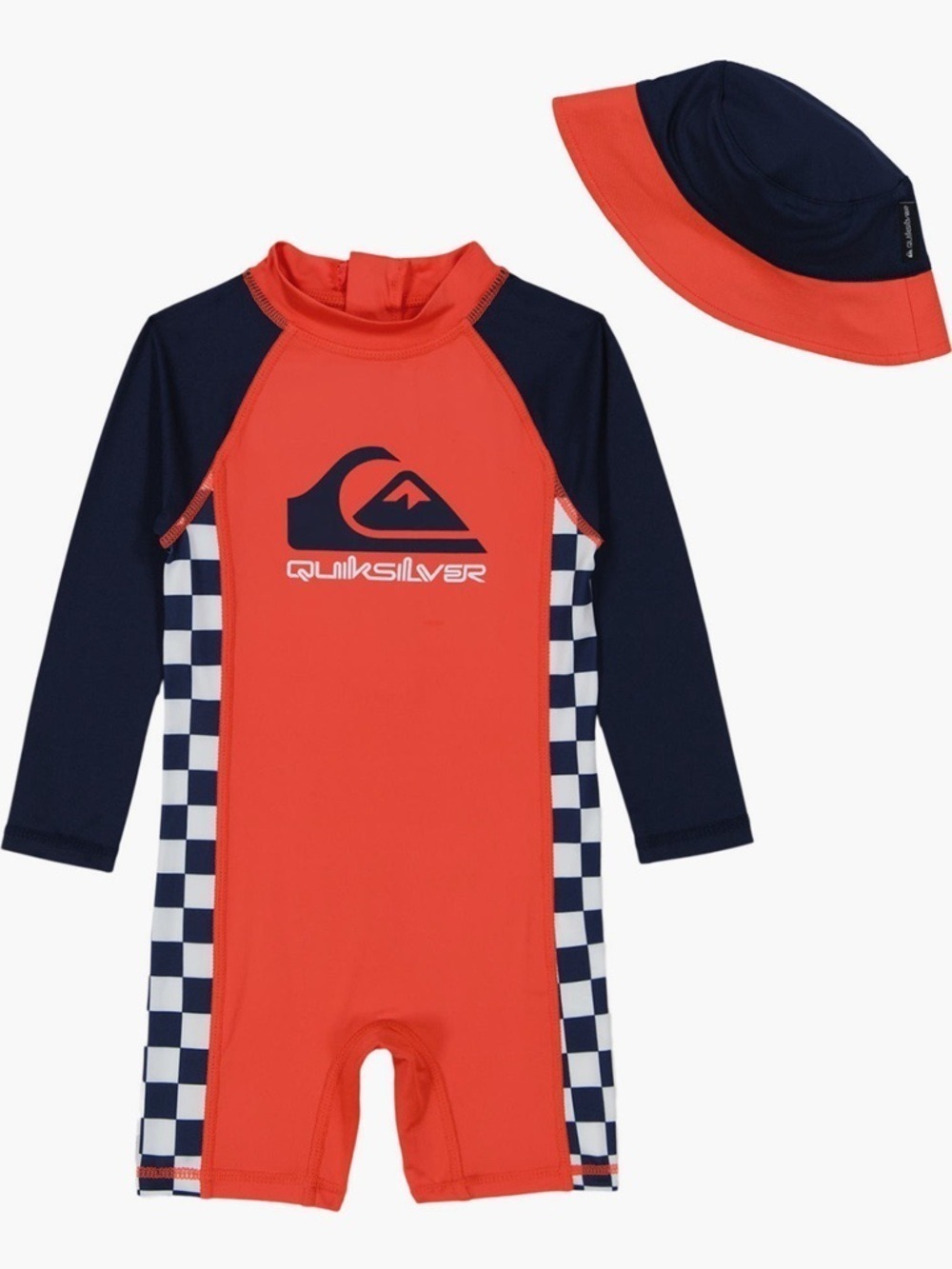 Quiksilver Baby Red and Navy One-Piece Rash Suit with Matching Hat | 0-3 months